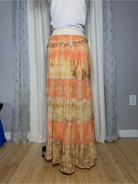 🍊Lotus - 100% Cotton Orange Cream Tie-Dye Maxi Skirt/Dress Size L